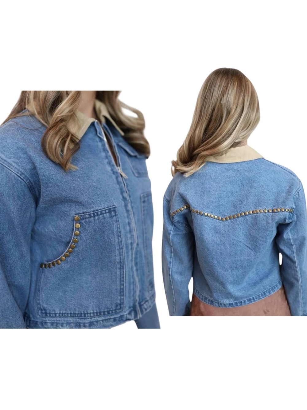NEW blue b Light Wash Gold Antique Stud Western Yoke Zipup Denim Jean Jacket